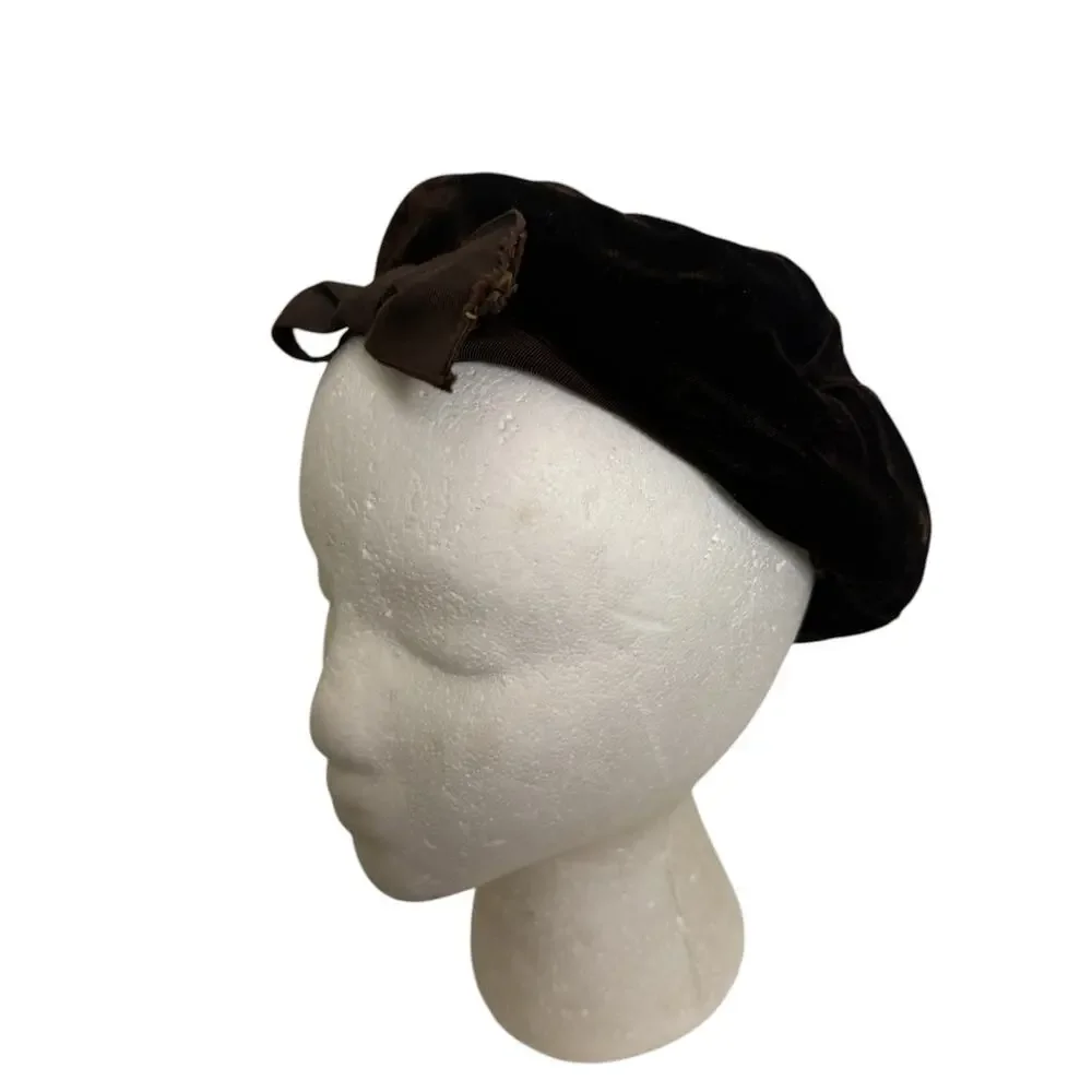 Vintage 60s Velvet Beret Brown Bow Parisian Mod Retro Cottagecore Hat - Picture 6 of 7